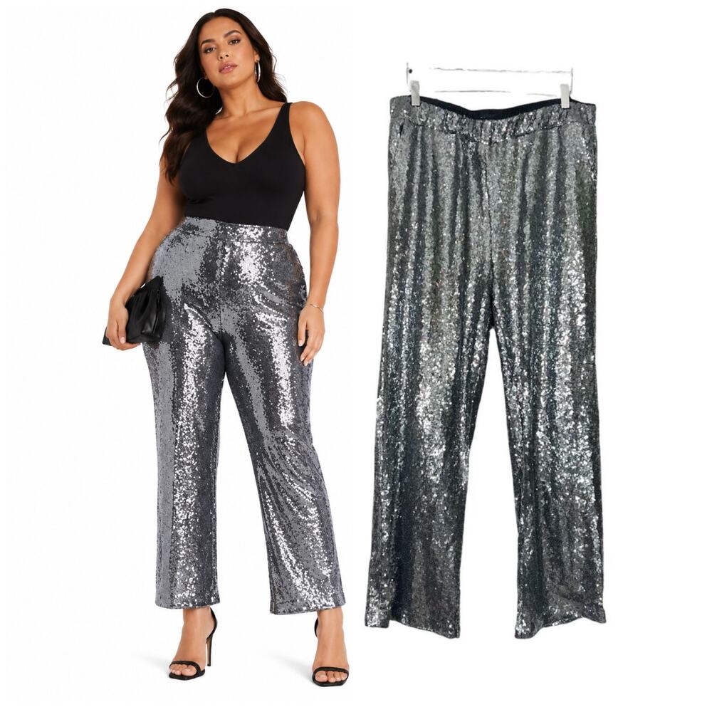 Eloquii | Silver Sequin Wide Leg Pants 16 High Rise Pull On Party Glam Sparkle